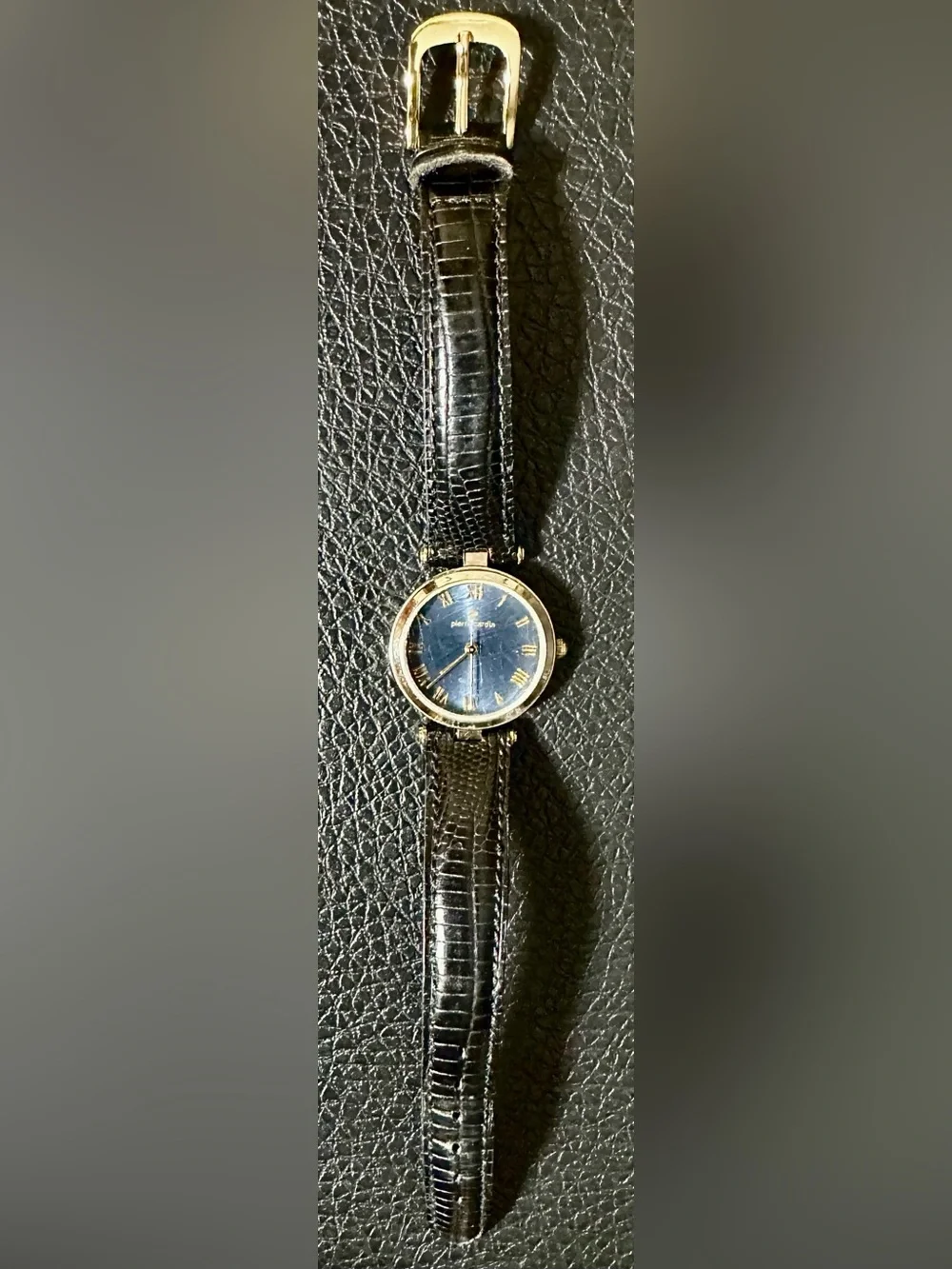 Pierre Cardin Blue Dial Gold-Tone Case Black Leather Strap Watch